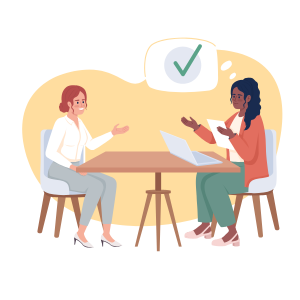 Illustration two women in an interview across the table from each other 
